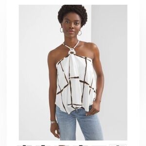 White House Black Market ring detail halter ink grid ecru Brown top top medium